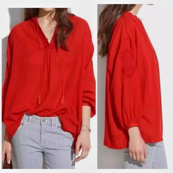 Madewell Openview Embroidered Blouse Tassels Peasant Boho Red Sz XS - Picture 1 of 9